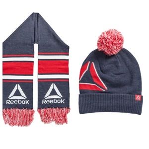 NWT Reebok 2-Piece Logo Set Knit Fringe Scarf and Pom Pom Beanie Navy Red White